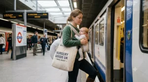 The mother and baby navigating the London Underground, carrying the best nursing pillow securely packed within a bespoke canvas tote bag marked "NURSERY GOODS UK - TRAVEL READY".