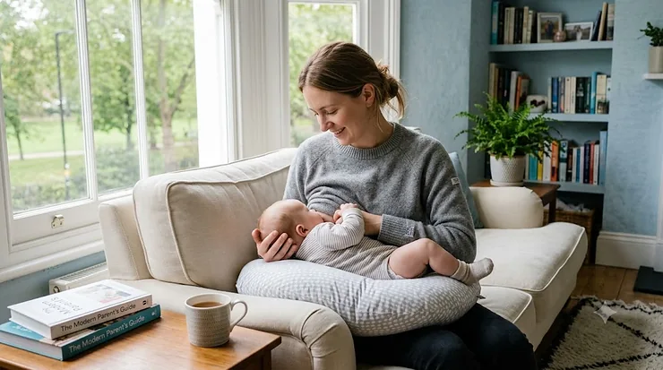 A cheerful mother sitting comfortably on a modern grey sofa in a sunlit UK living room, breastfeeding her baby who is nestled on a stylish grey and white patterned best nursing pillow. best nursing pillow