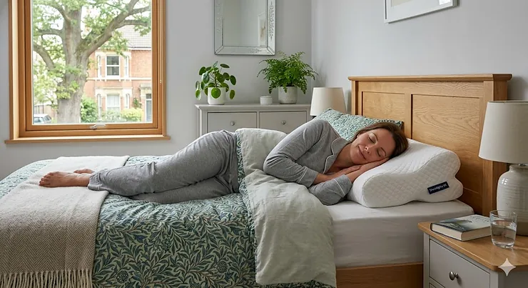 High-quality side-sleeping positional therapy pillow designed to reduce snoring, shown on a neutral UK-style bedding set. positional therapy pillow for snoring
