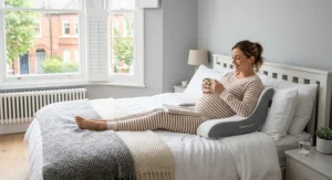 Ergonomic pregnancy wedge pillow providing gentle support for a growing bump while side sleeping.