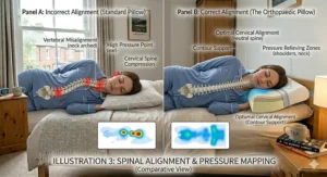 Graphic demonstrating the ideal sleeping position for side sleepers using an orthopaedic pillow.