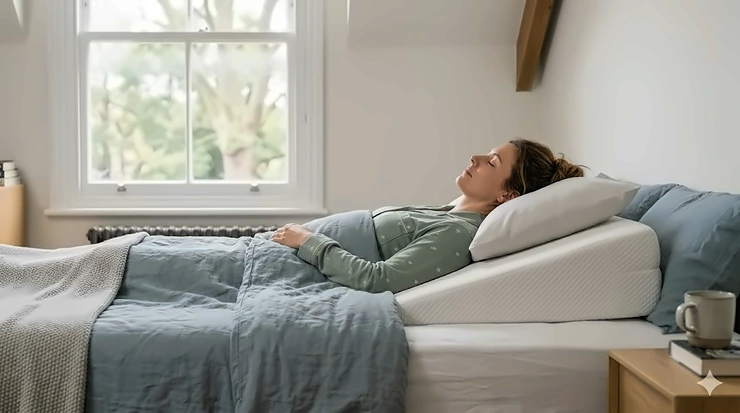 Person sleeping comfortably on a supportive orthopaedic wedge pillow for snoring relief. wedge pillow for snoring