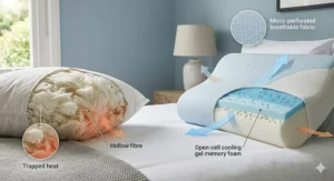 Close-up of breathable fabric and cooling gel layers in a high-quality orthopaedic pillow.