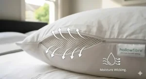 A cross-section view of a pillow featuring an air-mesh gusset panel to promote continuous airflow and moisture wicking.