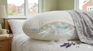 Close-up interior view showing the cooling, breathable hollowfibre filling of a pregnancy pillow.