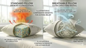 Comparison chart highlighting the comfort and health benefits of breathable pillows for asthma sufferers.