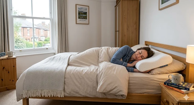 A comfortable budget orthopaedic pillow on a neatly made bed to help with neck support. budget orthopaedic pillow