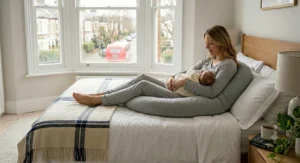 A mother using a C-shaped pregnancy pillow as a supportive nursing cushion after giving birth.