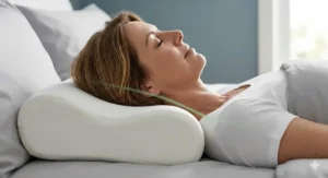 A detailed, photorealistic illustration in natural British daylight, showing a side sleeper demonstrating perfect spinal alignment while using the contoured ergonomic orthopaedic pillow.