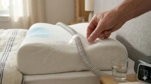 A CPAP user demonstrating how a CPAP pillow prevents the mask tubing from getting tangled.