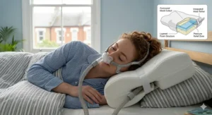 Close-up of the integrated hose tether preventing tubing from pulling on the CPAP mask.
