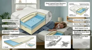 Side-profile demonstration of a full-face mask fitting perfectly within the pillow cutout.