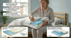 Showing the removable, machine-washable zip-off cover being taken off the pillow.