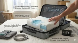 A compact travel-sized CPAP pillow being packed into a suitcase for sleep apnoea therapy on the go.