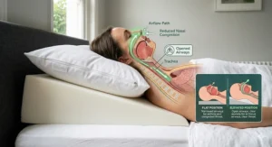 A side-view illustration demonstrating an elevated sleep position using supportive pillows to help keep airways open at night.