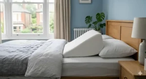 Size comparison showing the height and slope of an effective elevated head pillow for snoring.