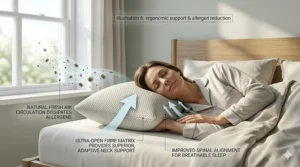 Illustration demonstrating proper neck support provided by a breathable, high-quality pillow.
