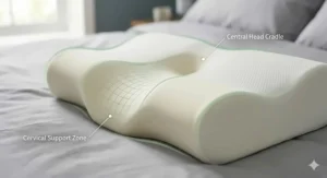 A detailed, 4K photorealistic macro illustration explaining the unique engineering of the ergonomic contour orthopaedic pillow. Integrated technical graphic overlays highlight the two distinct cervical support ridges and the central head cradle designed to relieve neck pain. Labels like Cervical Support Zone use standard British English.