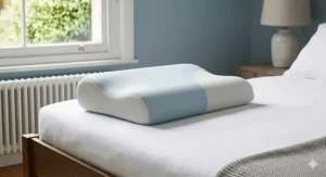 Illustration showing the ergonomic curve of a supportive orthopaedic pillow for spinal alignment.