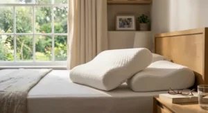 Side profile of a firm-support pillow highlighting its depth and structural integrity.