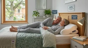 Diagram illustrating how a positional therapy pillow encourages side sleeping to keep airways open and prevent snoring.