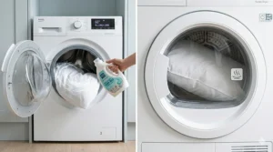 A modern washing machine display showing a 60°C allergy care cycle for cleaning a dust mite proof pillow.