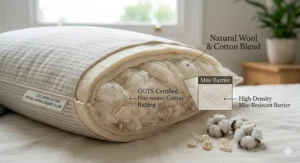 A cross-section view showing the natural, dust-mite-resistant filling and protective barrier of the organic hypoallergenic pillow.
