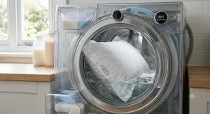 Icon showing an anti-allergy pillow being washed at 60 degrees Celsius to eliminate allergens.