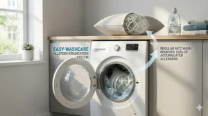 A breathable pillow being easily machine washed to remove household allergens.