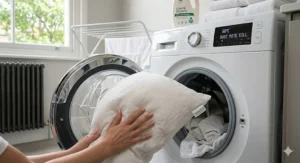 A diagram showing a pillow being machine-washed at 60 degrees Celsius to effectively kill dust mites and allergens.