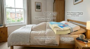 Cross-section of a high-quality memory foam pillow used in affordable orthopaedic designs.