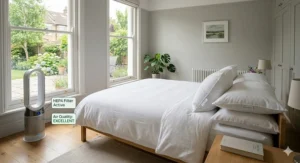 A clean, minimalist bedroom setting featuring hypoallergenic bedding and an air purifier to create an allergy-free sleep sanctuary.