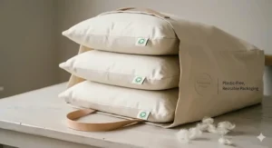 Detailed view of the sustainably sourced natural wool fibre filling being revealed inside the organic cotton pillow cover.