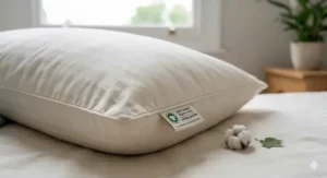 A close-up showing the soft, breathable weave of the organic cotton cover on a hypoallergenic pillow.