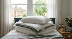 An organic hypoallergenic pillow paired with a matching duvet, creating a clean and tranquil bedroom aesthetic.