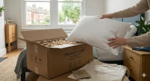 An organic hypoallergenic pillow being carefully removed from sustainable, plastic-free packaging.