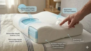 Key features of an orthopaedic CPAP pillow including adjustable height and pressure relief.