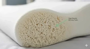 A detailed macro photograph capturing the complex, open-cell viscoelastic memory foam structure of the specific orthopaedic pillow. The texture is shown in natural light, emphasizing its supportive and breathable qualities.