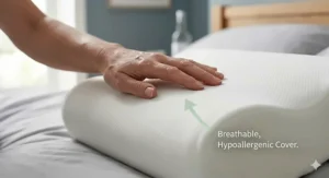 A detailed close-up photograph of the technical, breathable knit pattern of the hypoallergenic, dust mite resistant cover fabric, shown in natural daylight. This specific cover belongs to the ergonomic contoured orthopaedic pillow featured in the main product images. A subtle green graphic overlay highlights the fabric's breathability.