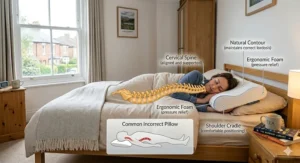 Diagram showing how an orthopaedic pillow promotes correct neck and spine alignment.
