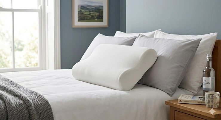 A clean, graphic medical illustration in a soft, natural lighting style showing a profile view of the human neck. A transparent anatomical overlay demonstrates how the specific ergonomic contour of the pillow supports the cervical spine, maintaining neutral alignment to reduce pressure. NHS recommended orthopaedic pillows