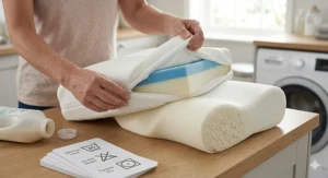 A detailed, 4K photorealistic close-up of a care label attached to the orthopaedic pillow, clearly displaying machine wash, no bleach, and no tumble dry icons. The image is captured in soft, natural British daylight, emphasizing the clarity of the instructions and the quality of the fabric.
