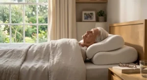 An elderly individual resting in bed using a specially designed support pillow.