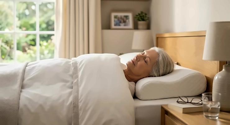 Close-up of an orthopaedic pillow showing contouring for neck and spine alignment. pillow for elderly