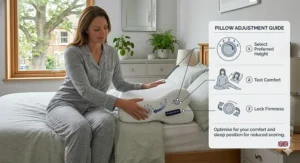 Simple icon-based guide on how to machine wash and maintain a positional therapy pillow for hygiene.