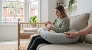 A person demonstrating the removal of the washable cover from the postpartum recovery pillow.