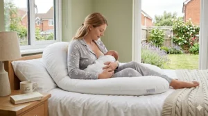 Mother sitting in bed using a flexible full body pregnancy pillow to support her baby during breastfeeding.
