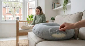 A close-up view of a grey postpartum recovery pillow showing the textured cotton fabric and zip detail.