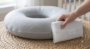 A hand holding a folded removable cover beside the full postpartum recovery pillow for a sense of scale.