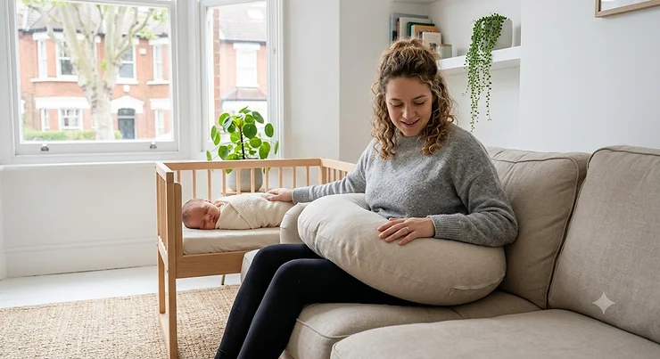 A comfortable postpartum recovery pillow on a neutral bed, designed to provide relief and support for new mothers. postpartum recovery pillow